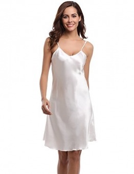 Aibrou Damen Sexy Negligee Nachthemd Satin Nachtkleid Nachtwäsche Unterwäsche Sleepwear Kurz Trägerkleid V Ausschnitt Weiß L - 1