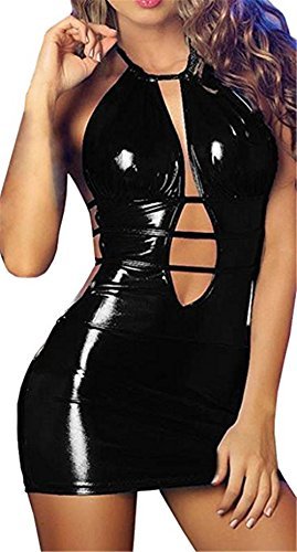 Befox Sexy Wetlook Minikleid Kleid Leder Lack Reizverschluss V-Ausschnitt Stretch Clubwear Fetisch Party Dress - 