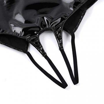 CHICTRY Damen Wetlook Leder Bodysuit Brust Harness PU Leder Halsband mit Kette Erotik String Body Unterwäsche Gogo (Large, Schwarz Ouvert) - 6