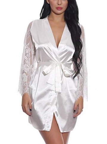 FEOYA Damen Sexy Nachtkleid Spitze Dessous Set Transparente Robe Satin Kimono mit Gürtel und G-String Weiß L - 1