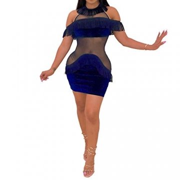 IyMoo Damen Minikleid mit kurzen Ärmeln, Samt, Neckholder, Schulter, Mesh-Netzstoff, durchsichtige Quasten, Party Clubwear - Blau - Mittel - 1