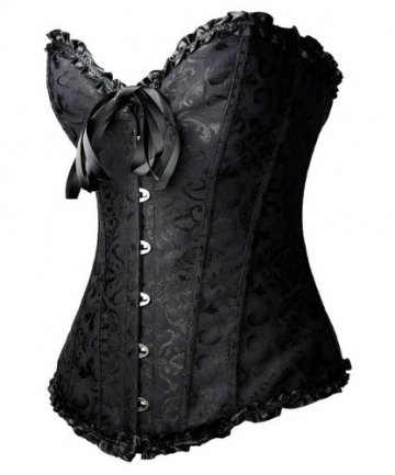 PhilaeEC Women's Plus Size Bridal Lingerie Lace up Satin Boned Corset + G-string (Black, L) - 2