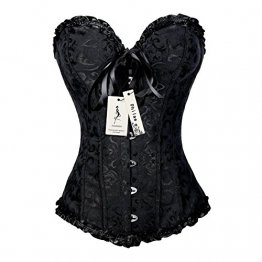 PhilaeEC Women's Plus Size Bridal Lingerie Lace up Satin Boned Corset + G-string (Black, L) - 1
