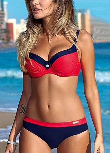 Bequemer Laden Damen Bikini Sets Bademode Badeanzug Push Up Bikini mit Verstellbarem Schulterriemen, Rot, M - 2