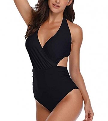 Damen Badeanzug V-Ausschnitt Monokini Neckholder Rückenfrei Einteiliger Bademode Bedruckt Sexy Cutouts Bauchweg Bikini Schwarz S - 2