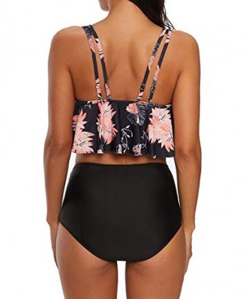 Durio Bikini High Waist Damen Zweiteiliger Bikini Set Hohe Taille Bikinihose mit Langem Volant Chrysantheme-Schwarz EU 36-38 (Herstellergröße M) - 2
