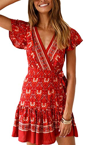 ECOWISH Damen Kleider Boho Vintage Sommerkleid V-Ausschnitt A-Linie Minikleid Swing Strandkleid mit Gürtel 045 Rot S - 1