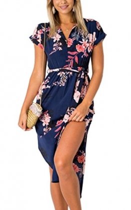 ECOWISH Sommerkleider Damen Kurzarm V-Ausschnitt Strand Blumen Kleider Abendkleid Knielang Blau M - 1