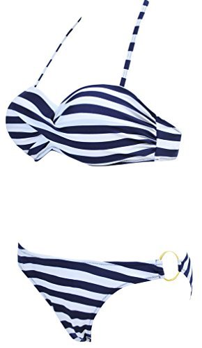 EUDOLAH Damen Bandeau Padded Bikini-Set Trägerlosen Badeanzug Push Up (M, A-Blaue Streifen) - 4