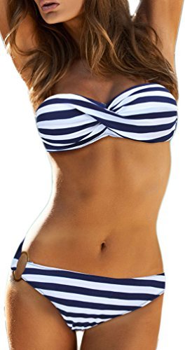 EUDOLAH Damen Bandeau Padded Bikini-Set Trägerlosen Badeanzug Push Up (M, A-Blaue Streifen) - 1