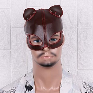 FEESHOW Unisex PU Leder Maske Fuchs Bär Gesichtsmasken mit Ohren Augenbinde Augenschutz Flirten Cosplay Kostüm Zubehör Braun One Size - 2
