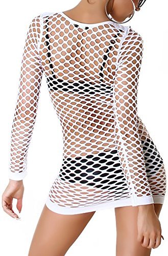 Jela London Damen Fishnet Longtop Minikleid Netz-Kleid Mesh transparent durchsichtig GoGo Langarm, Weiß 32 34 36 - 2