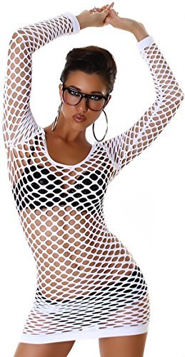 Jela London Damen Fishnet Longtop Minikleid Netz-Kleid Mesh transparent durchsichtig GoGo Langarm, Weiß 32 34 36 - 4