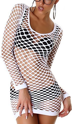 Jela London Damen Fishnet Longtop Minikleid Netz-Kleid Mesh transparent durchsichtig GoGo Langarm, Weiß 32 34 36 - 1