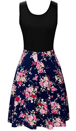 KorMei Damen Ärmelloses Beiläufiges Strandkleid Sommerkleid Tank Kleid Ausgestelltes Trägerkleid Blau Rose Blume XL - 2