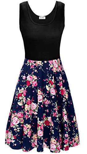 KorMei Damen Ärmelloses Beiläufiges Strandkleid Sommerkleid Tank Kleid Ausgestelltes Trägerkleid Blau Rose Blume XL - 1