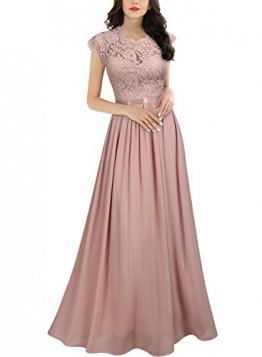MIUSOL Damen Elegant Ärmellos Rundhals Vintage Spitzenkleid Hochzeit Chiffon Faltenrock Langes Kleid Rosa L - 1