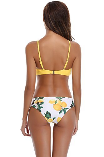 SHEKINI Damen Crossover Netz Gepolstert Bikini Set Zweiteilige Strandkleidung Bandeau Strandmode Blumen Druck Bikinihose (Medium, Muster A: Gelb) - 2