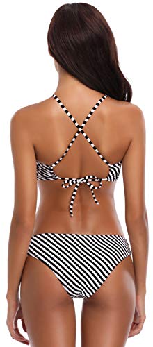 SHEKINI Damen Neckholder Push Up Sport Streifen Bikini Set Bandeau Strandmode Bademode Badeanzug Zweiteilige Gepolstert Strandkleidung Split (Medium, Schwarz-weiß Streifen) - 2