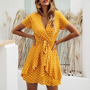 Spec4Y Damen Kleider V Ausschnitt Punkte Sommerkleid Rüschen Kurzarm Minikleid Strandkleid mit Gürtel Gelb S - 2