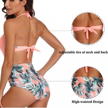 WinCret Damen Badeanzug V-Ausschnitt Neckholder Hohe Taille Einteilige Monokini Bademode Swimsuit - 5