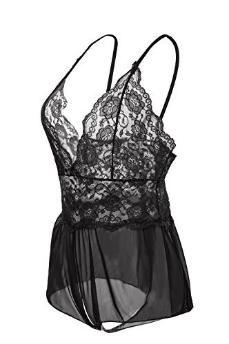 Yidarton Damen Nachtkleid Sexy Babydoll Dessous Set Erotik Lingerie V-Ausschnitt Kleid Spitze Unterwäsche (XXL, Schwarz) - 2