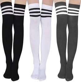 Damen Kniestrümpfe - Overknee Strümpfe Streifen Lange Socken Retro Knitting Strümpfe Mädchen Cheerleader Sportsocken Baumwollstrümpfe, Black Schwarz-weiß-grau, Durchschnittlicher Code - 1