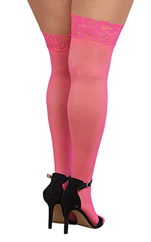 Dreamgirl Women's Plus-Size Sheer Thigh-High Stockings with Silicone Lace Top, Neon Pink, Queen - 2