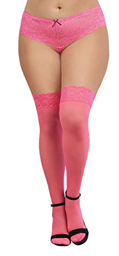Dreamgirl Women's Plus-Size Sheer Thigh-High Stockings with Silicone Lace Top, Neon Pink, Queen - 7