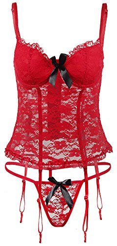 EMILYLE Damen Hot Vintage Babydoll Push-Up Erotik Lingerie V-Ausschnitt Spitze Unterwäsche mit G-String Straps Set (S, rot) - 2