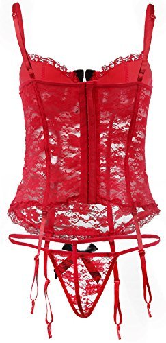 EMILYLE Damen Hot Vintage Babydoll Push-Up Erotik Lingerie V-Ausschnitt Spitze Unterwäsche mit G-String Straps Set (S, rot) - 3