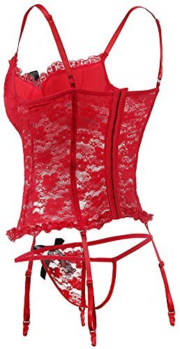 EMILYLE Damen Hot Vintage Babydoll Push-Up Erotik Lingerie V-Ausschnitt Spitze Unterwäsche mit G-String Straps Set (S, rot) - 4