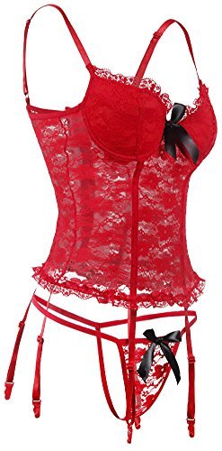 EMILYLE Damen Hot Vintage Babydoll Push-Up Erotik Lingerie V-Ausschnitt Spitze Unterwäsche mit G-String Straps Set (S, rot) - 5