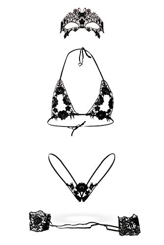 Grey Velvet - exklusives BH-Set Spitze inkl. String - schwarz Gelenkbändern und Maske XS-L - 2