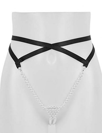 iixpin Damen Perlenstring Ouvert Strings Tanga Mini Bikini Slip Frauen Unterhosen mit Perlenkette T-Back Dessous Clubwear Schwarz(Typ A) Einheitsgröße - 5