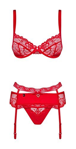 Obsessive verführerisches rotes Damen Dessous-Set mit BH, Strapsgürtel & String, in hübscher Geschenkbox, Gr. S/M - 1