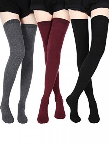 SATINIOR Extra Lange Socken Oberschenkelhohe Baumwollsocken Extra lange Stiefelstrümpfe für Mädchen Frauen (Black, Dark Grey, Wine Red, 3) - 1