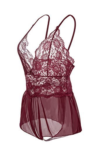 Yidarton Damen Nachtkleid Sexy Babydoll Dessous Set Erotik Lingerie V-Ausschnitt Kleid Spitze Unterwäsche (L, Rot) - 4