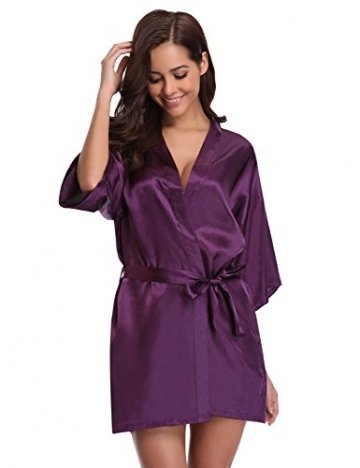 Aibrou Damen Morgenmantel Kimono Satin Kurz Robe Bademantel Nachtwäsche Sleepwear V Ausschnitt mit Gürtel - 1