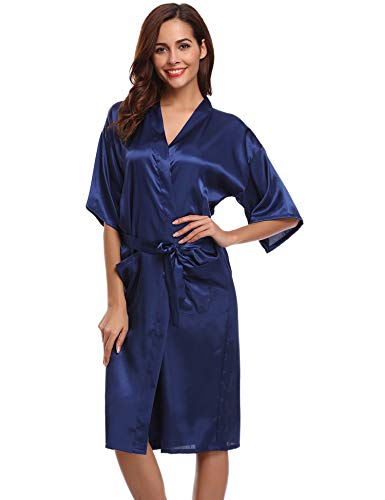 Aibrou Damen Einfarbige Spitze Satin Kimono Morgenmantel Kurz Robe Nachtwäsche Sleepwear V Ausschnitt mit Gürtel