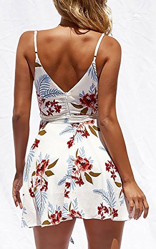 ECOWISH Damen Kleid Sommerkleid V-Ausschnitt Ärmellos Blumendruck Spaghetti Strap Mini Swing Strandkleid Mit Gürtel Weiß S - 5