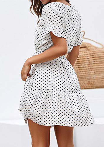 Sommerkleid Damen Kurzarm Elegant V-Ausschnitt Knopfleiste Polka Dot Kurze Strand Freizeitkleider mi Gürtel (1-Dot-Weiß, Medium) - 2