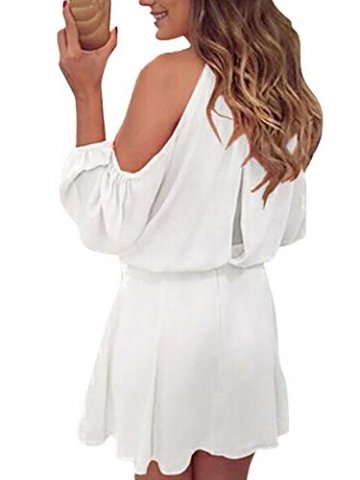 YOINS Sommerkleid Damen Kurz Schulterfrei Kleid Elegante Kleider für Damen Strandmode Langarm Neckholder A Linie Weiß-1 EU36-38(Kleiner als Reguläre Größe) - 4