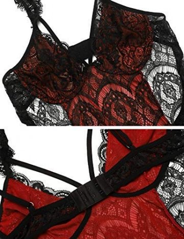 Lucyme Erotik Reizwäsche Bodysuit Sexy Dessous Set Damen Body Tiefer V-Ausschnitt Spitze Erotische Unterwäsche Frauen, Rot, XL - 6