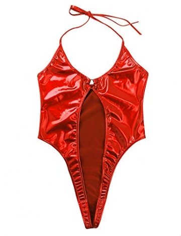 iiniim Damen Body Wetlook Badeanzug Bikini Tankini Einteiler Bodysuit Overall Stringbody Metallic Schwimmanzug Rot Einheitsgröße - 6