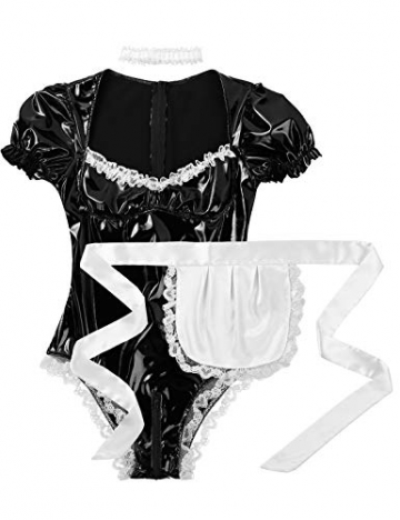 YiZYiF Damen Wetlook Lack Leder Body Dienstmädchen Kostüm Cosplay mit Schürze, Halsband Babydoll Lingerie Dessous Gogo Reizwäsche Schwarz XL - 4