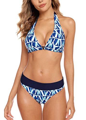 Aidotop Damen Bikini Set Triangel Badeanzug Strand Ties Zweiteiliger Bademode Bikinihose（Blue Geometry,M - 1
