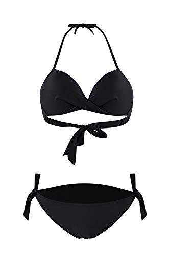 Cassiecy Bikini Damen Set Push Up Zweiteilige Bademode Neckholder Bikini High Waist Bikinihose Split Badeanzug Strandkleidung（schwarz,m） - 3