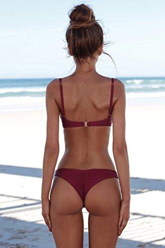 Cassiecy Damen Bikini Set Push Up Gepolstert Bustier Zweiteilig Sommer Sportliches Bademode Strand Bikini(Weinrot,M) - 3