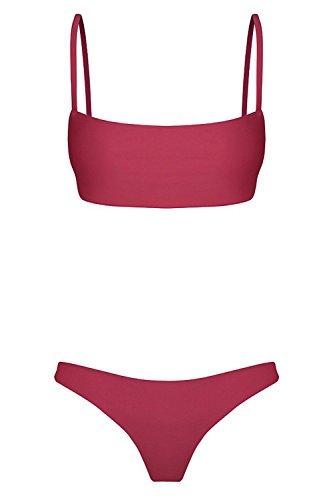 Cassiecy Damen Bikini Set Push Up Gepolstert Bustier Zweiteilig Sommer Sportliches Bademode Strand Bikini(Weinrot,M) - 4
